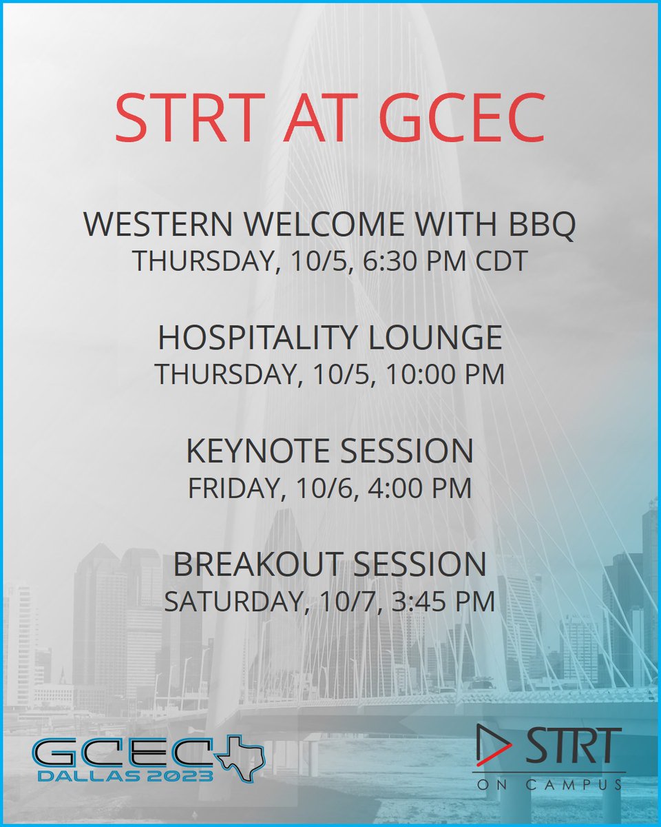 go_STRT's tweet image. Connect with the STRT On Campus team at GCEC Dallas 2023!
Schedule time - calendly.com/strt_on_campus…
View STRT x GCEC events - strt.com/gcec-2023#strt…

With our partners at @americancampus we are excited to host these special events.

Read more - strt.com/post/strt-x-gc…

#gcec2023