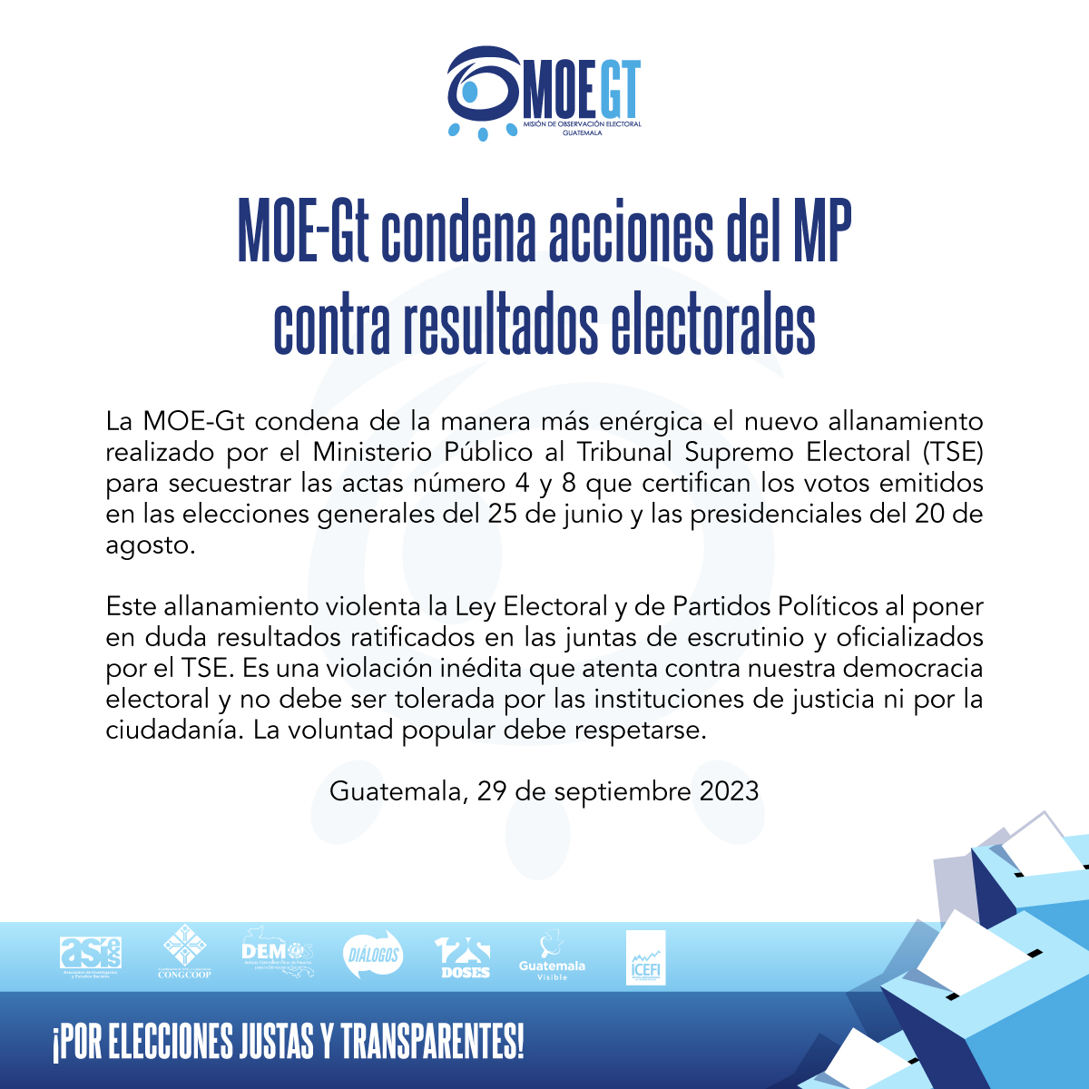 📌Comunicado de prensa.

La MOE-Gt condena acciones del MP contra resultados electorales.

#MOEgt