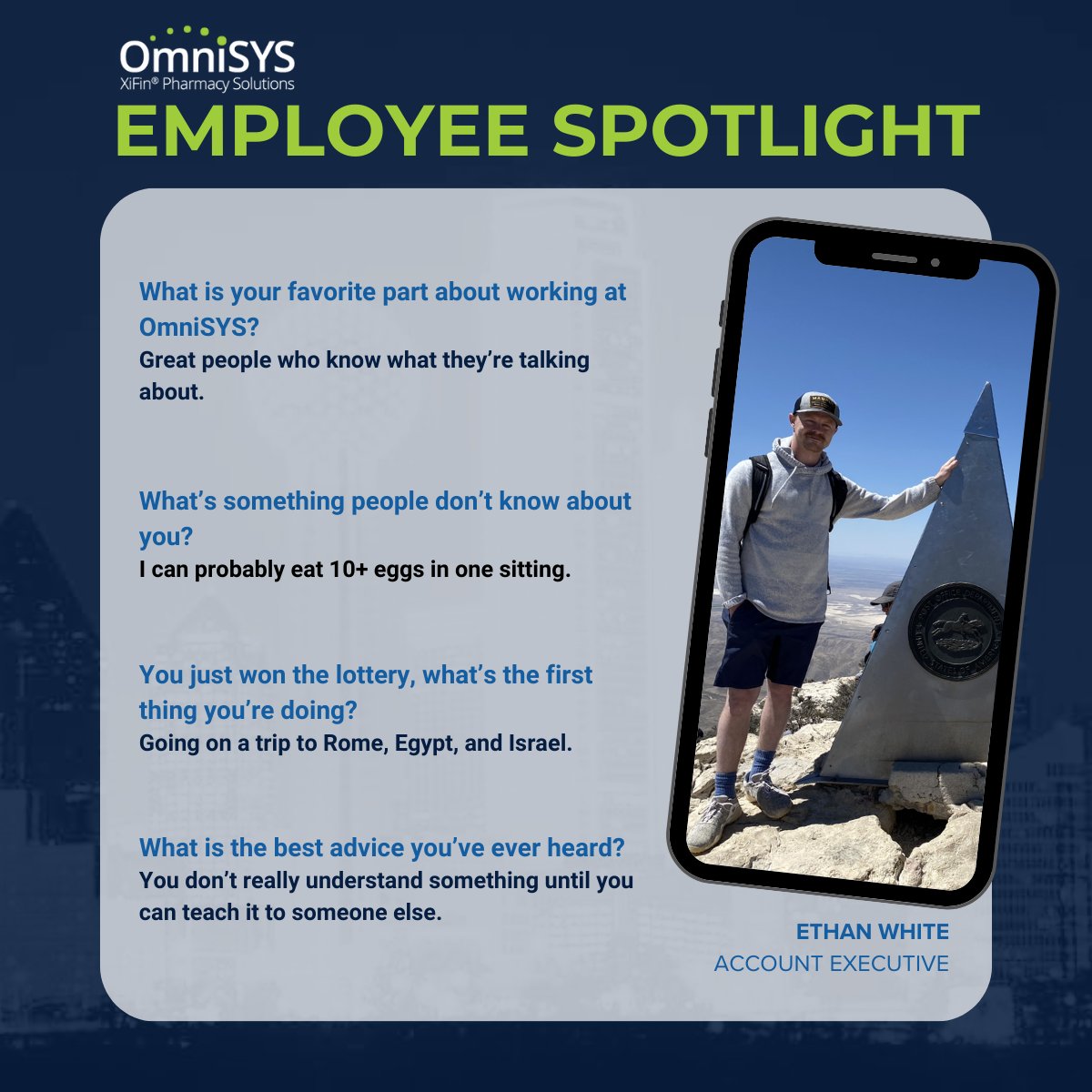 Employee Spotlight ⭐

Get to know <a href="/OmniSYSNews/">XiFin Pharmacy Solutions</a>! Meet Ethan White, Account Executive.

Since joining us in 2022, Ethan has been a vital part of our team, working closely with our valued customers and prospects, ensuring they get the best out of our products.

#employeespotlight