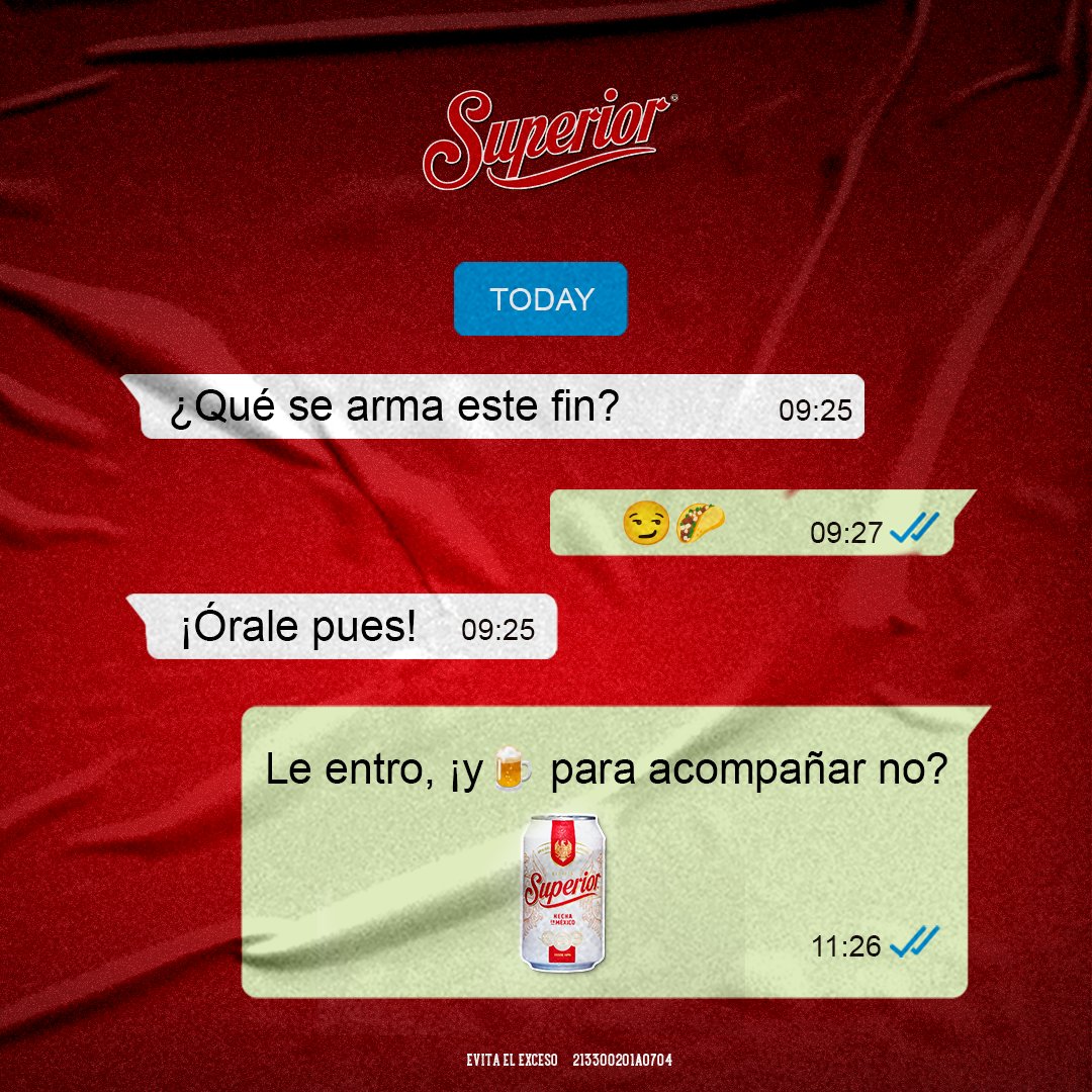 SuperiorMx's tweet photo. ¡Es momento de reunir a la flota!
Menciona a tus pachis de confianza para que se arme el fin de semana con #TradiciónSuperior.
El que no responda, pone los taquitos.🌮 https://t.co/XCSJfbgiH1