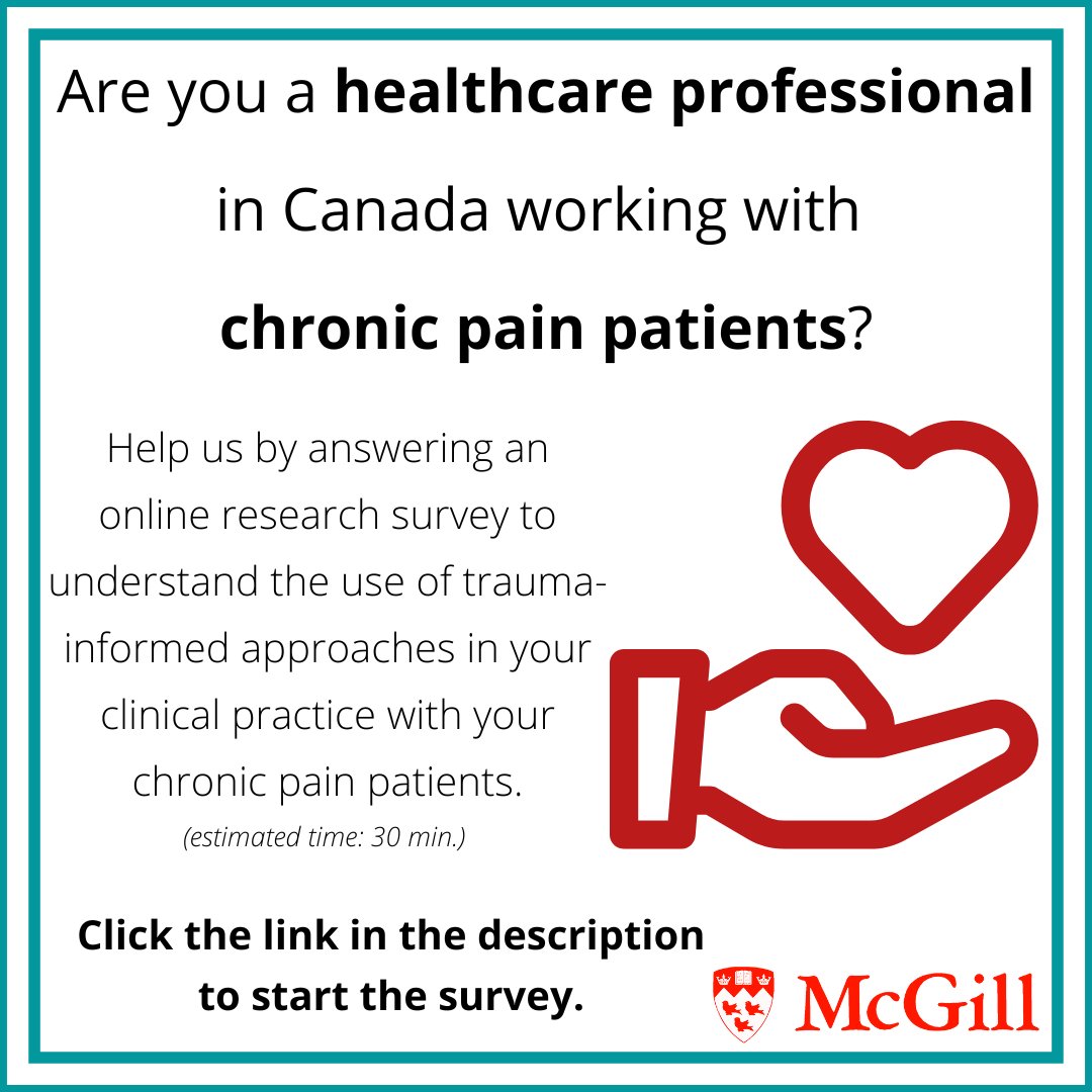 ImCatherinePare's tweet photo. Are you a licensed #healthcare professional working in Canada and seeing #chronicpain patients? You're invited to complete an online survey to understand the use of trauma-informed approaches in your clinical practice with your chronic pain patients: https://t.co/Q1dhD3sYYq https://t.co/9pEFFJHVWB