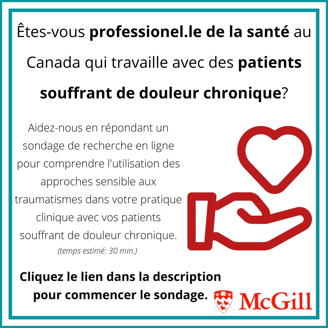 Êtes-vous professionnel.le de la #santé accrédité travaillant au Canada avec des patients vivant avec la #douleurchronique? Vous êtes invités à compléter un sondage en ligne pour comprendre l’utilisation des approches sensibles au traumatisme : sondage.crir.ca/redcap/surveys…