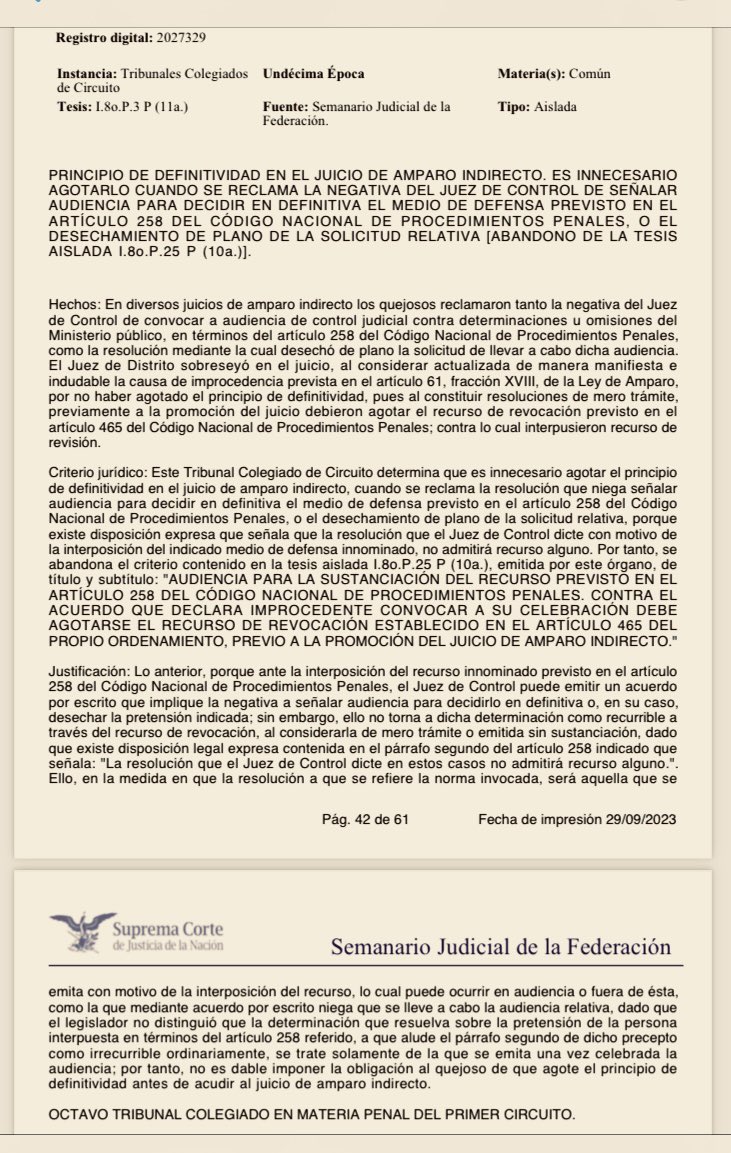 Negativa del Juez de Control a celebrar audiencia del 258 CNPP, se combate con Amparo.

TCC abandona criterio que exigía recuso de reclamación.

#SCJN #PJF #DDHH 
#Ahora