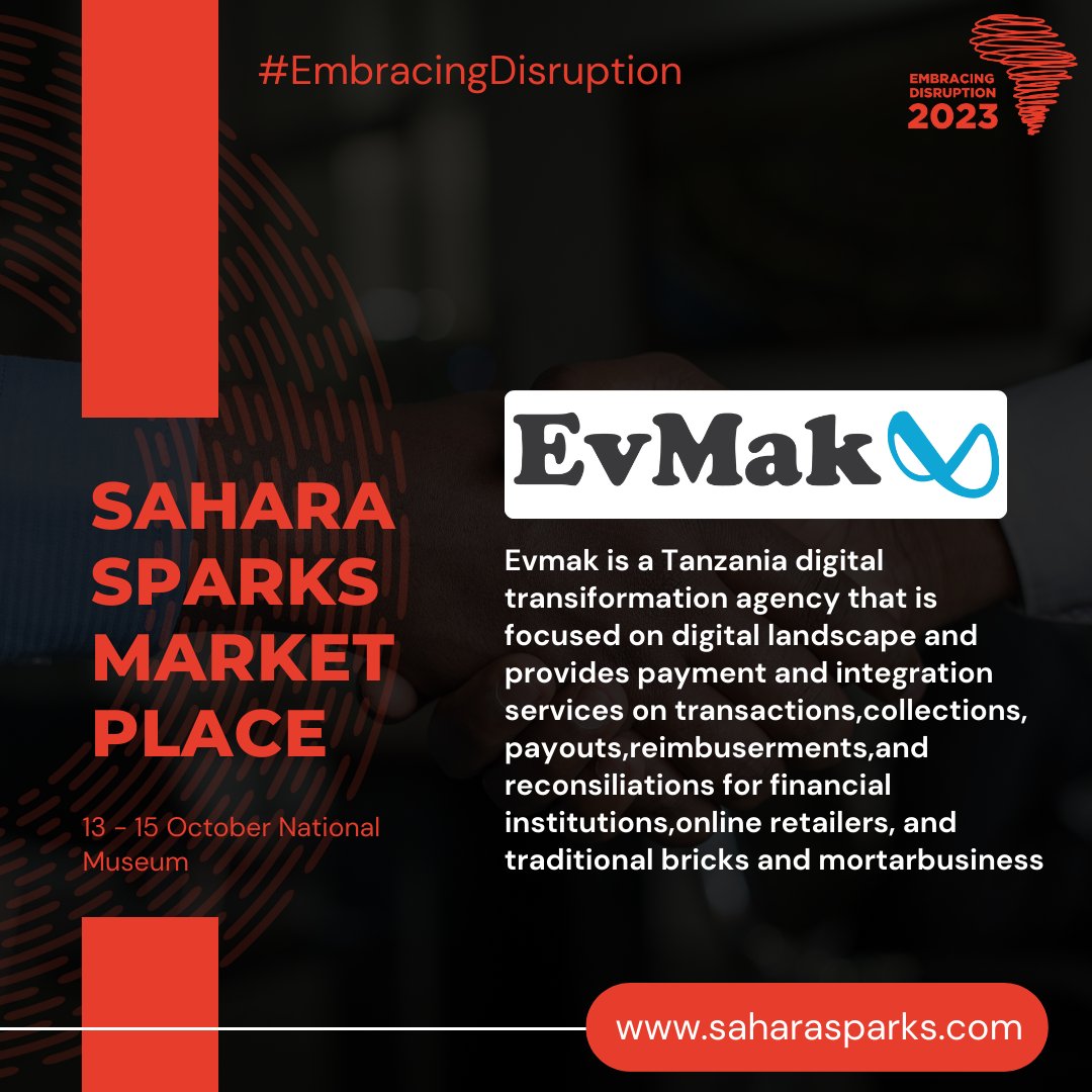 VenturesSahara's tweet photo. SaharaSparksMarketplace23

We're thrilled to have @evmakco, showcasing at Sahara Sparks 2023 from October 13th to 15th at the National Museum in Dar Es Salaam.

Join us and be part of the innovation wave!

https://t.co/KlqYN5OG9R

#EmbracingDisruptions https://t.co/MTpkuap7js