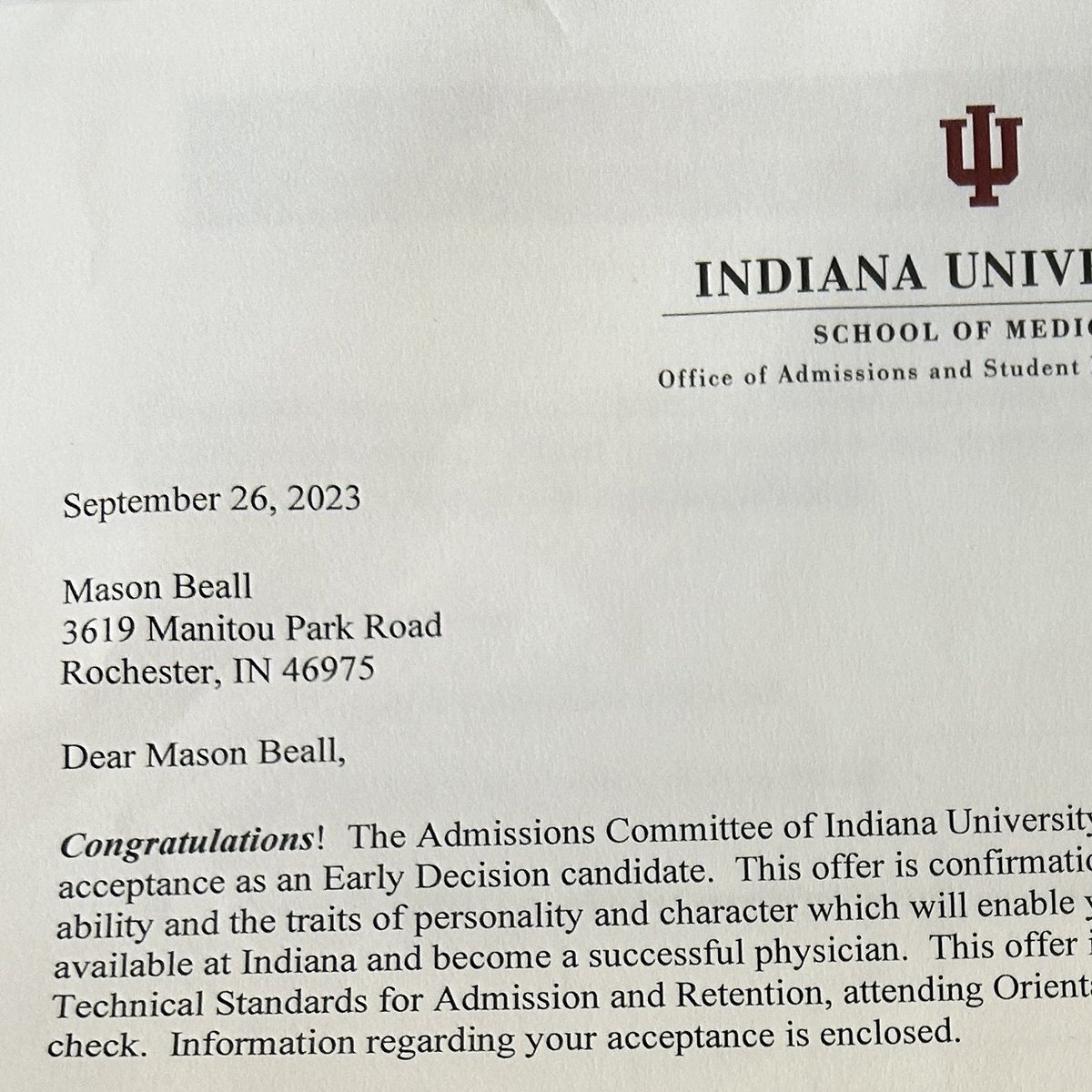 ChrisMBeall's tweet photo. So excited and proud and happy for Mason! Incredibly difficult journey has paid off as he was accepted to IU School of Medicine. Still a long road but man are we proud! Great job little buddy! https://t.co/WVvnGYMXWm