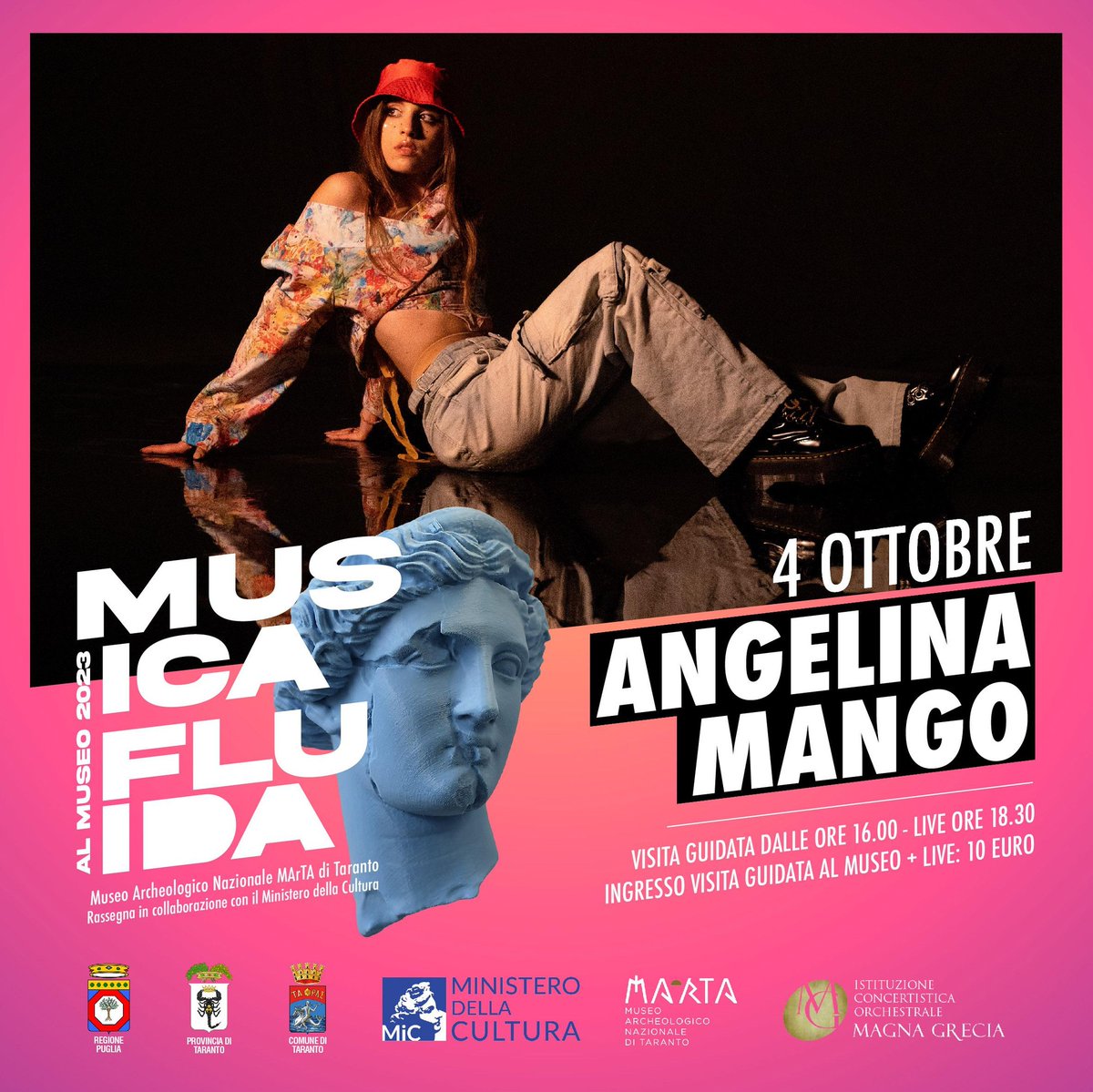È già sold out il concerto di Angelina Mango che si terrà al Museo Archeologico Nazionale di Taranto il prossimo mercoledì 4 ottobre. Gli appuntamenti con MUSICA FLUIDA, proseguiranno con i concerti di Alfa il 9 ottobre, Clara il 18 ottobre e Mark &amp; Kremont il 29 ottobre.