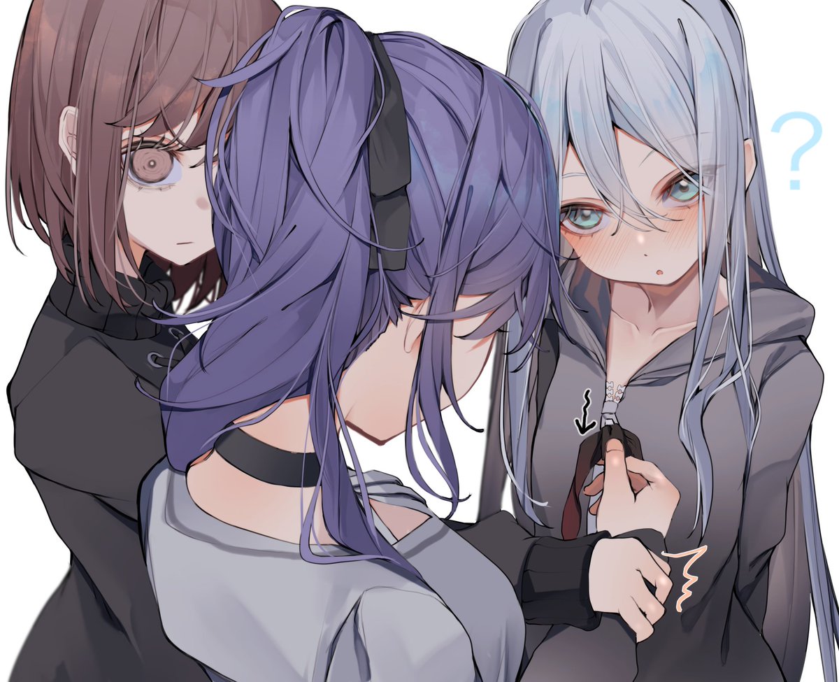 multiple girls 3girls long hair brown hair purple hair white background choker  illustration images
