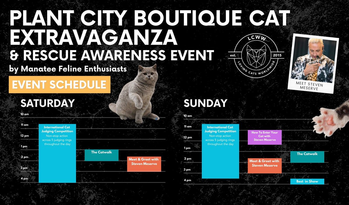 Hey Plant City! ⭐️ Check out your Event Schedule! We cant wait to show you everything we have in store for you this weekend. See you there! 😻 Tickets: buff.ly/3PWDCrm #catlovers #florida #catshow