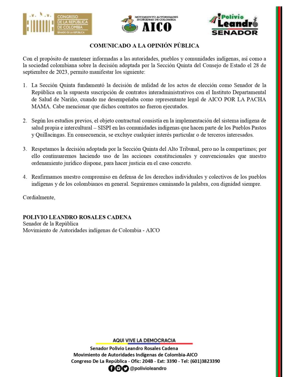 COMUNICADO A LA OPINIÓN PÚBLICA

📣Con el propósito de mantener informadas a las autoridades, pueblos y comunidades indígenas, así como a la sociedad colombiana sobre la decisión adoptada por la Sección Quinta del Consejo de Estado el 28 de septiembre de 2023, manifestamos lo