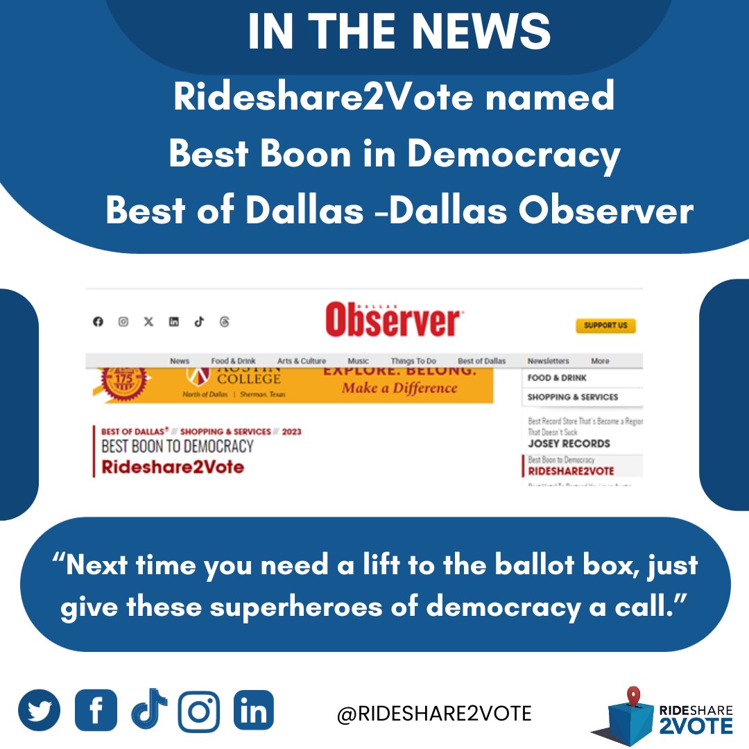 Fantastic news! We've been recognized in the Best of Dallas 2023 in the Dallas Observer:
BEST BOON TO DEMOCRACY-Rideshare2Vote
dallasobserver.com/best-of/2023/s…
For a Ride2Vote in your next election or to volunteer: rideshare2vote.com

#dallasobserver #Rideshare2Vote  #superheroes