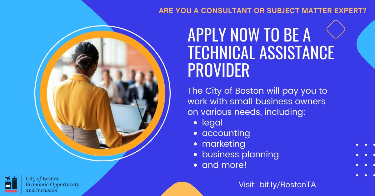 Are you a consultant with expertise helping #smallbusiness owners? Our Technical Assistance Program is looking for experienced providers and subject matter experts in: ⚖️ Legal 🧾 Accounting 💻 Marketing 📊Business Planning + More! ➡️ Learn more: boston.gov/departments/ec…
