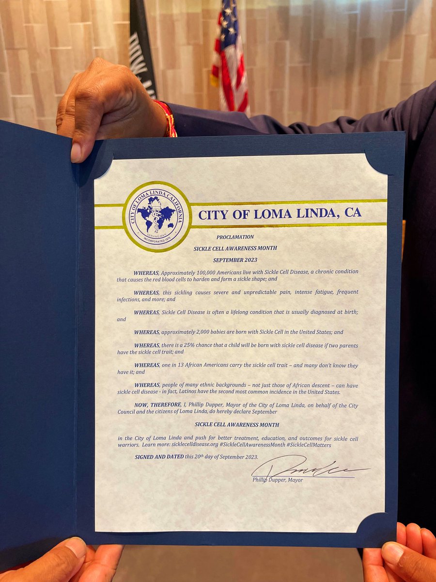 So proud that we are closing out the month with the official proclamation by the famous blue zone city of Loma Linda to name Septemeber as the city's official #SickleCellAwarenessMonth !
We stand in solidarity with sickle cell warriors & caregivers & committed to make man whole!