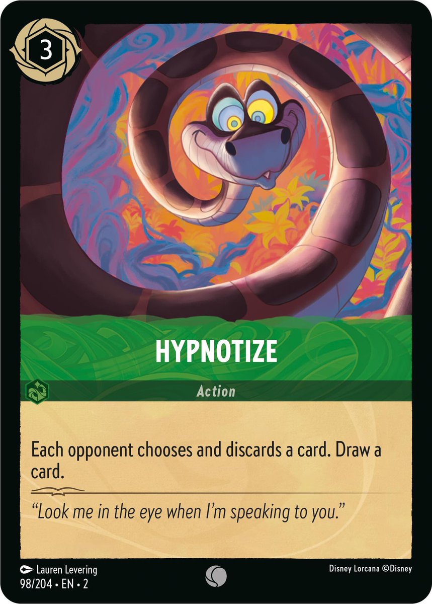 Ka is slithering into #Lorcana with his hypnotize action! Forced discard  from Emerald. This card looks even better multi-player. Two-headed Hydra  anyone?