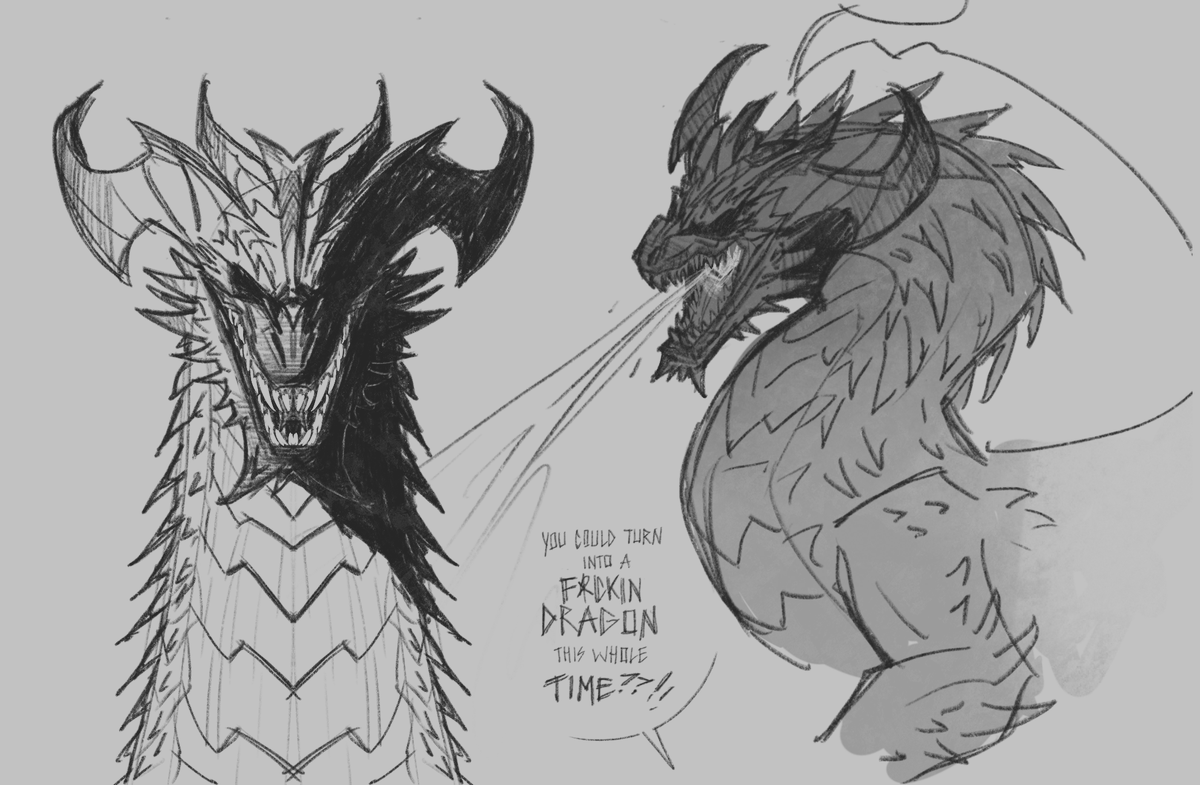 I like to think about his possible dragon form sometimes?
it's not really canon since pure dragonborns can't do that (?) but as fanon I kinda dig it, maybe with entitys/gods help or smth 