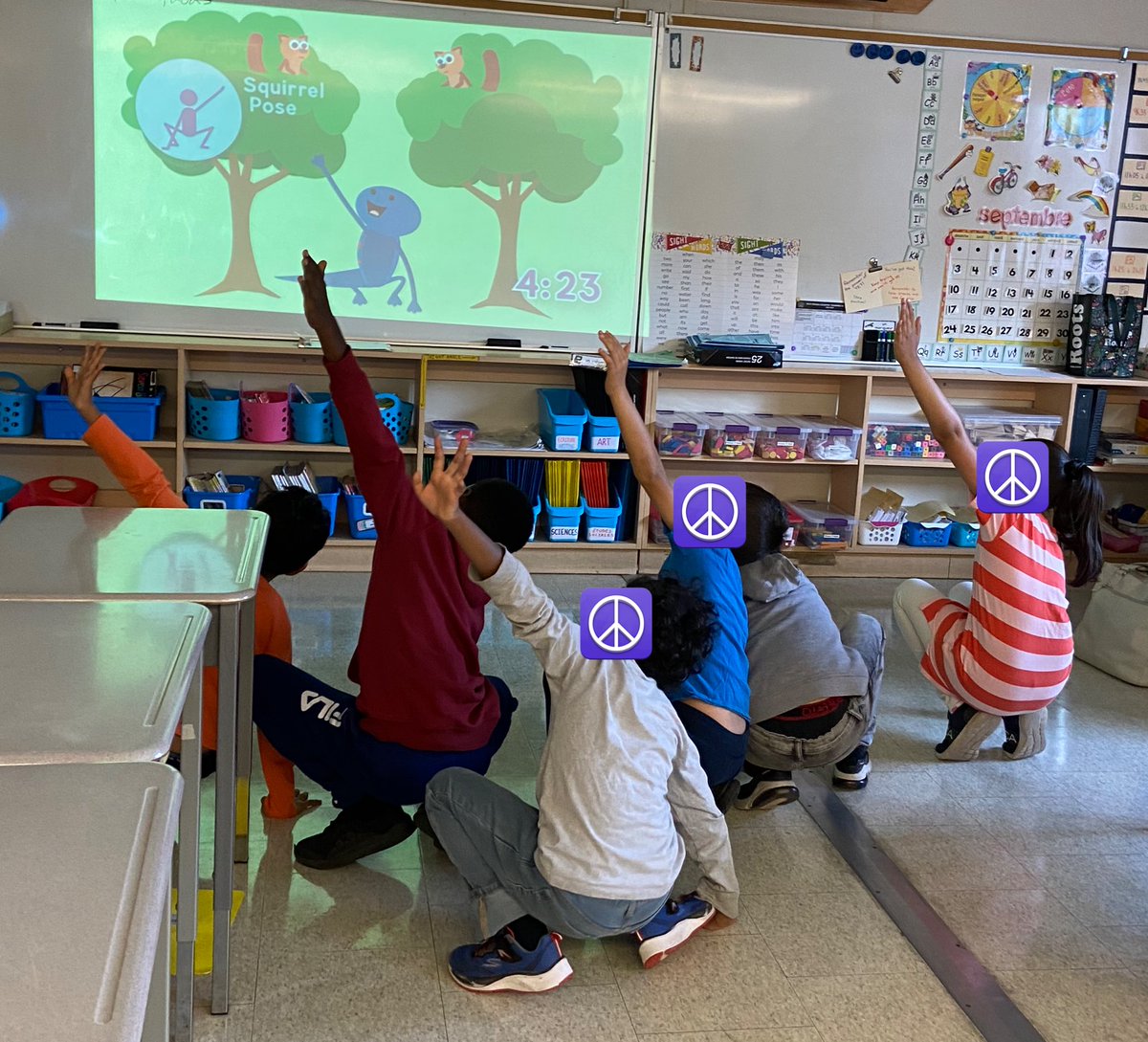 Starting our day with salamander yoga! We talked about how we felt after and found our feelings on our mood meter. Some feelings shared were: calm, positive, focused.
