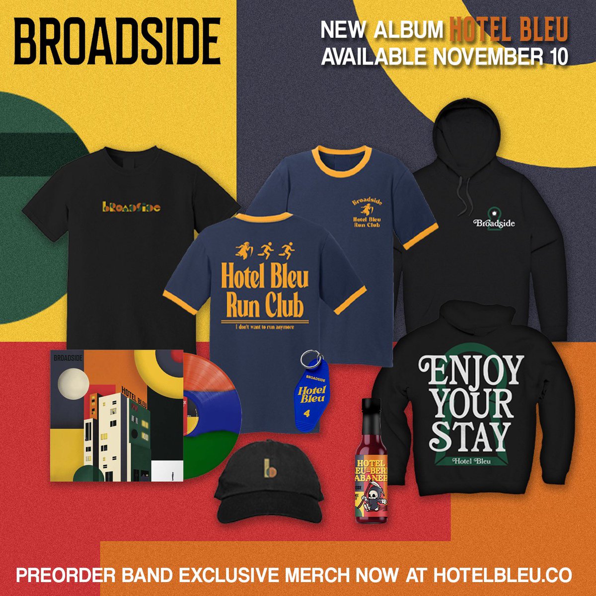 Broadside_'s tweet photo. Who’s ordered our band exclusive Hotel Bleu merch? Grab some hot sauce and a keychain and our exclusive vinyl variant!!

https://t.co/eQm9i0urd3 https://t.co/GUAwZ5pLc3