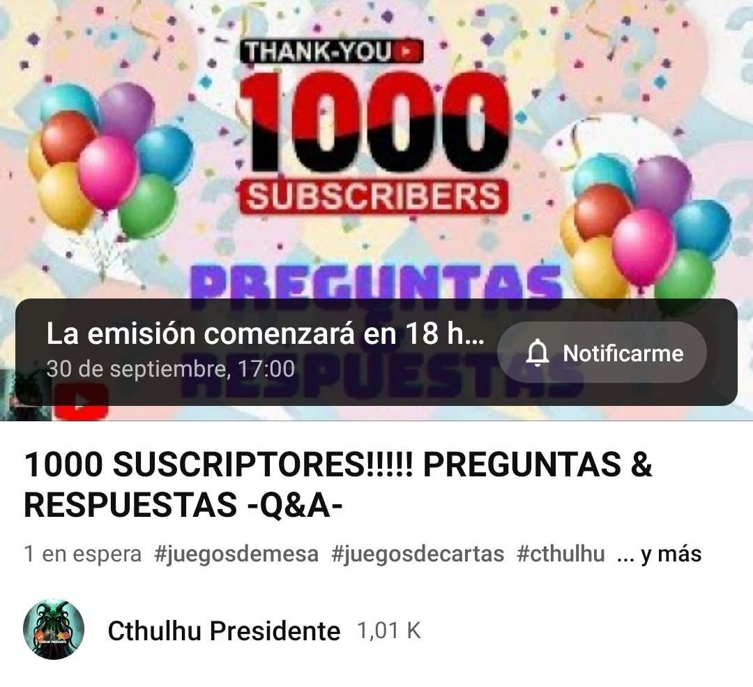 Mañana sábado a las 17:00 estaré en directo en youtube para celebrar con tod@s vosotr@s los 1000 suscriptores y de paso responder preguntas que tengáis.
Dejad vuestras preguntas de cualquier tipo en los comentarios :)
#juegosdemesa #cthulhupresidente #PyR