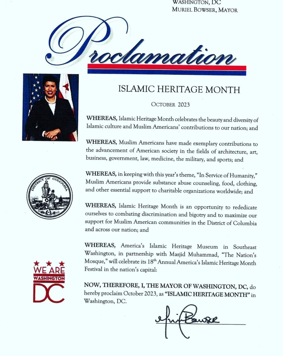 NationsMosqueDC's tweet photo. Mayor Bowser Proclaims October 2023 as the 18th Annual Islamic Heritage Month https://t.co/gUERzOiOrs