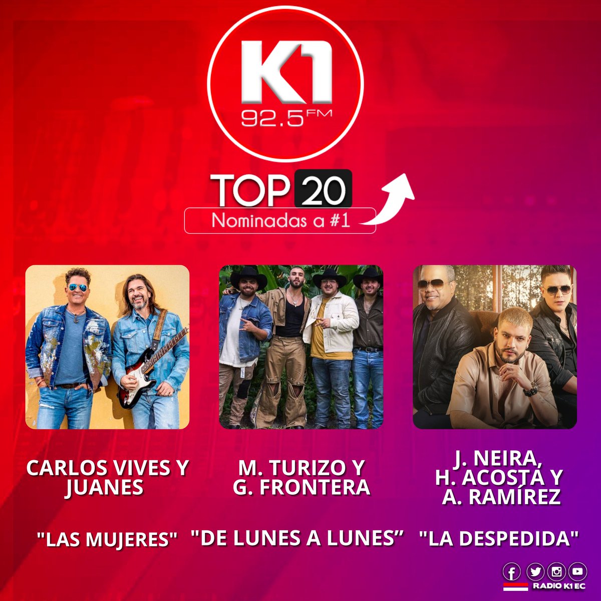 RadioK1Ec's tweet photo. 🔴 Ayúdanos a elegir 🥳 a la #1 del #TOP20 con @borisvaldivieso este 30-09-2023 a las 10H00, las nominadas🆒son:
➡️ @carlosvives y @juanes con #LasMujeres 👏
➡️ @manuelturizoMTZ y #GrupoFrontera con #DeLunesALunes 👏
➡️ @neiramusica @eltorito48 y #AlanRamirez con #LaDespedida 👏 https://t.co/T6Y24wZHUU