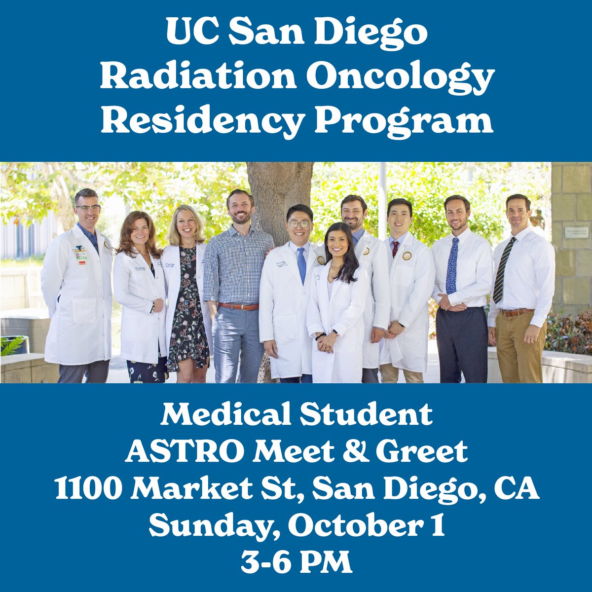 UCSDRadMed's tweet photo. Reminder to medical students applying to #RadOnc and attending #ASTRO23, come meet our residents, program leadership, and chair @AjMundt at our Meet and Greet on Sunday, October 1. #Match2024 RSVP Here: https://t.co/ybUeLIDKo7 https://t.co/csWnR8s8nN