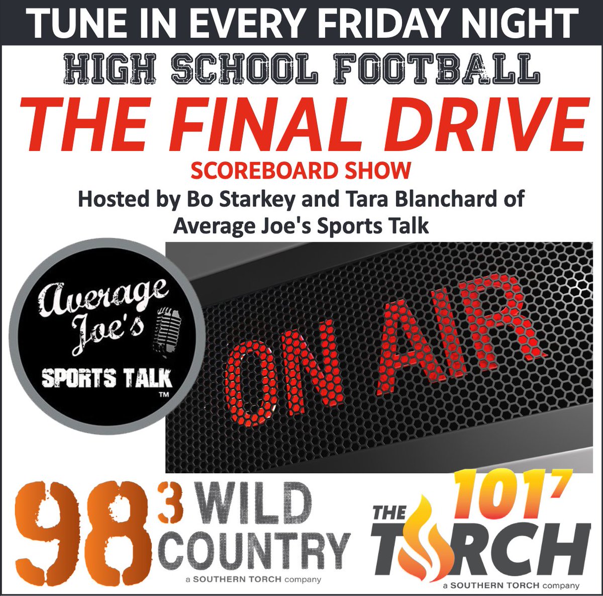 Join Bo Starkey and Tara Blanchard on "The Final Drive" tonight at 9:30 p.m. They'll bring you the latest scores and updates on football games across North Alabama. Tune in on 101-7 The Torch, 98-3 Wild Country, or the interactive live stream on Southern Torch's Facebook page.