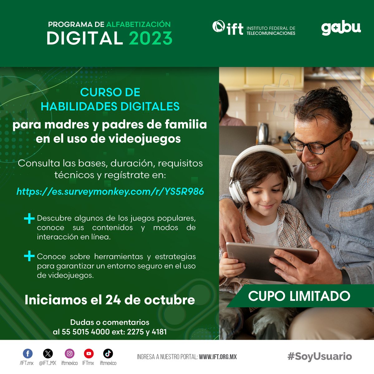 IFT_MX's tweet photo. Cibermamás👩🦰 y ciberpapás👨🦰:
➡️¿Conocen los #Videojuegos🎮 de sus hijas e hijos?
➡️¿Saben cómo pueden acompañarlos mientras se divierten en estas plataformas en línea🕹️?
📍Las y los invitamos a este #CursoIFT de #HabilidadesDigitales🛜.
Inscripciones: https://t.co/jAL8hXwiaP https://t.co/roNbmsZTi1