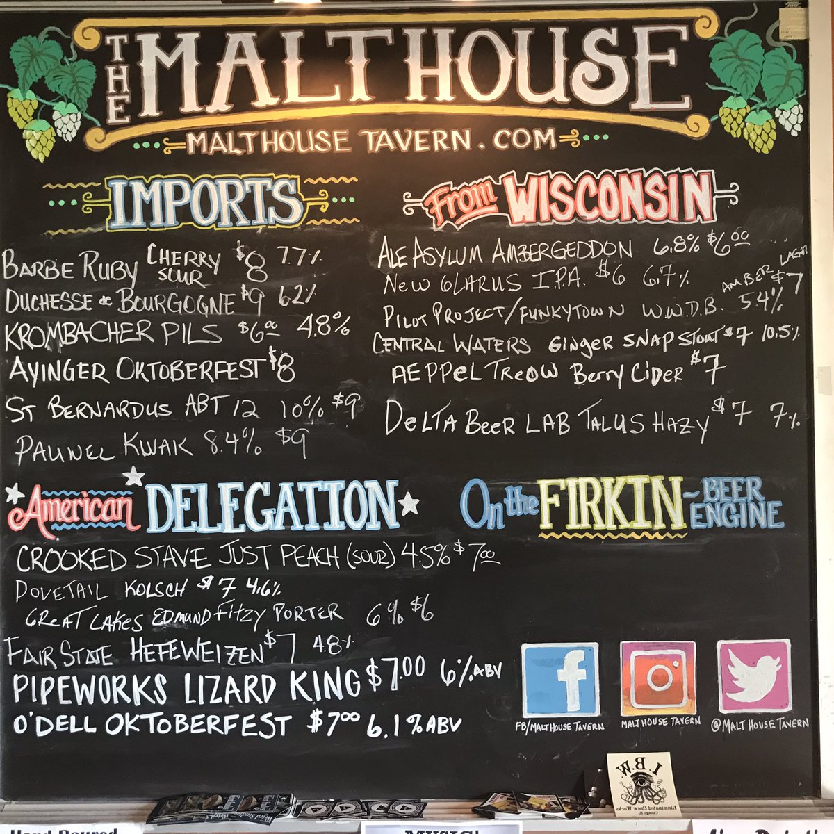 What’s #OnTapNow 
@Ale_Asylum @newglarusbrew @CWBrewing @aeppeltreow @deltabeerlab @CrookedStave @PipeworksBrewin @OdellBrewing @GLBCinWI @FairStateCoop @dovetailbrewery