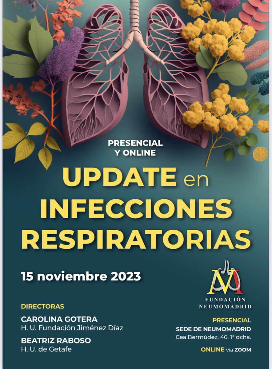 No te pierdas el curso: UPDATE en infecciones respiratorias: se hablará de antibióticos inhalados, vacunación, probióticos, y novedades sobre fagoterapia..
Además, os animamos que enviéis un caso clínico😊😊.
#neumo #neumomadrid <a href="/CarolinaGotera/">Carolina</a>