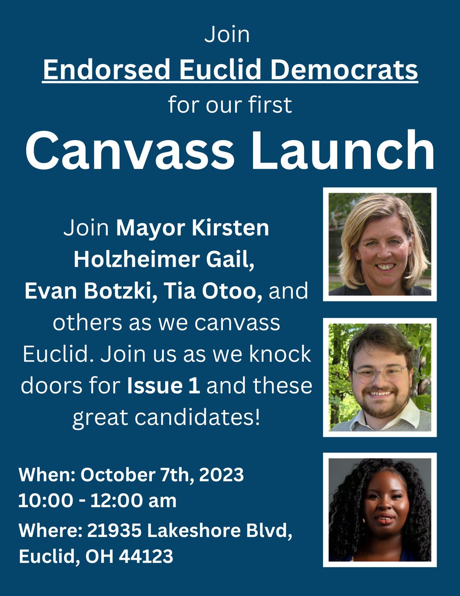 EuclidDemClub's tweet photo. We are glad to have our endorsed candidates working together to canvass this year! Please join Mayor Kirsten Holzheimer Gail, and School Board candidates Tia Otoo and Evan Botzki! https://t.co/9Z3NEJW10k