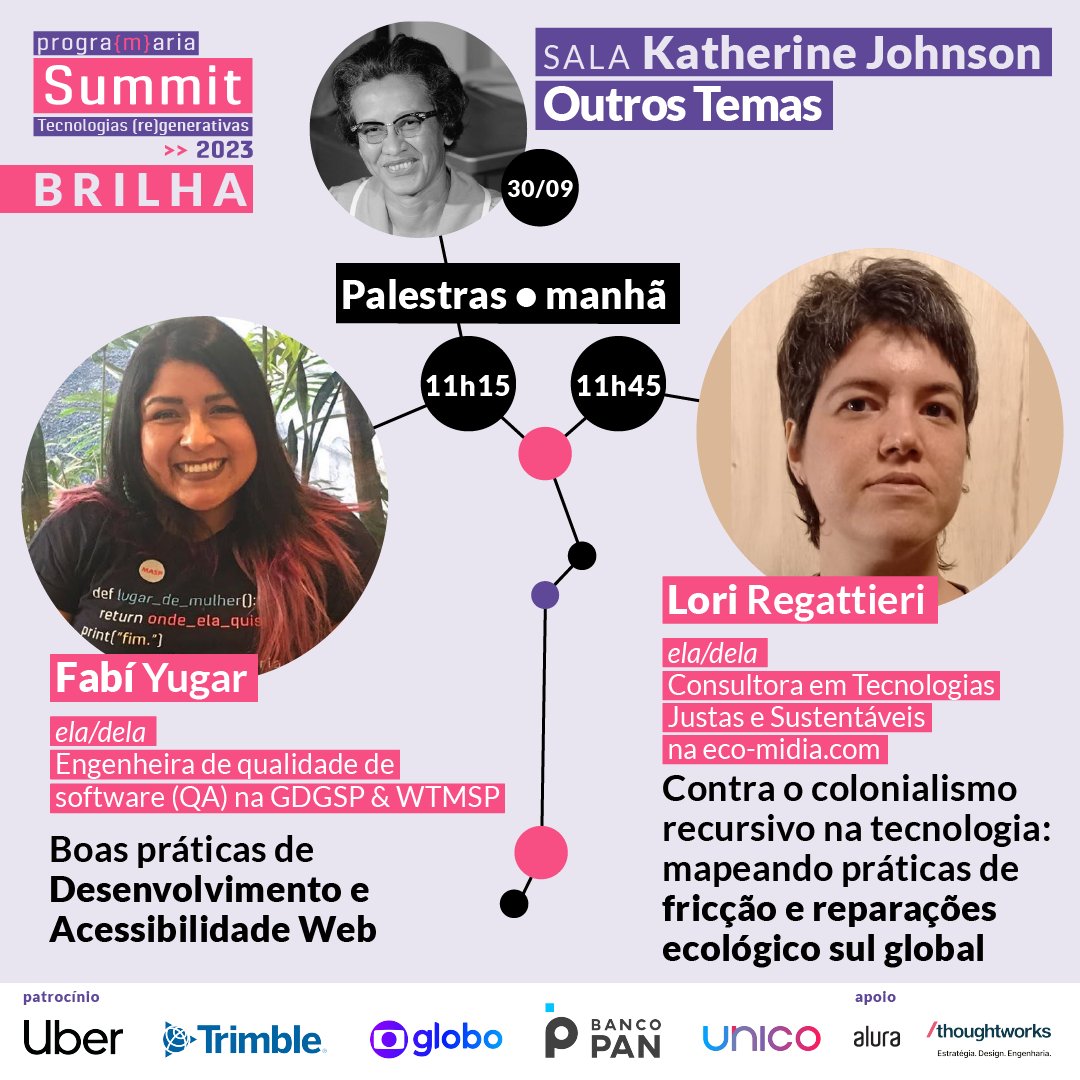 followlori's tweet image. Alô, pessoas da tecnologia! Vou fazer parte do #PrograMariaSummit 2023 palestrando sobre tecnologias justas e recursividade colonial amanhã. Se inscreva para o #PrograMariaSummit 2023 pelo link: programaria.org/programaria-su…