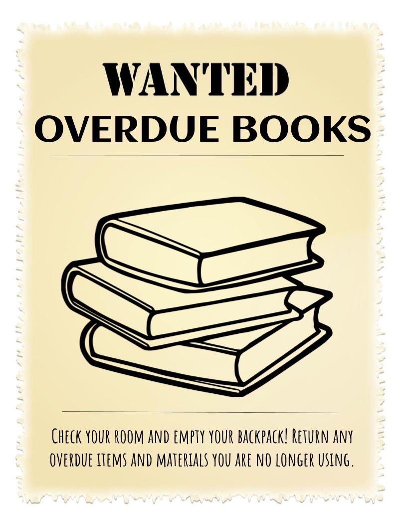 Take a moment this weekend to look for any old textbooks, library books or other school materials you are no longer using. Return them to the Media Center ASAP. We can even take your old middle school books! Thanks for helping us keep materials available to more students.