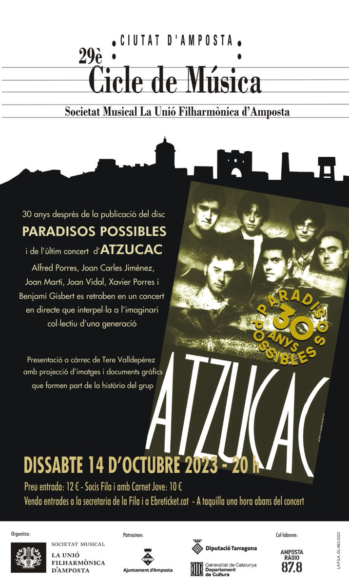 Dissabte, 14! Concert exclusiu! 30 anys de la publicació del disc #paradisospossibles d'Atzucac.
Reunió excepcional de la banda que va gravar el primer disc de rock cantat en ebrenc!
<a href="/VictorSorribes/">Victor Sorribes</a> ho expliquem a <a href="/tv3cat/">TV3 és ara @Som3Cat</a>?