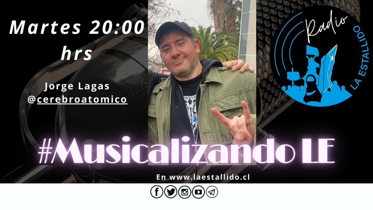 LaEstallidoRad's tweet photo. Nos volvimos locos con el tremendo invitado del #MusicalizandoLE de #LaEstallido
El gran Jorge Lagas @cerebroatomico, el nexo entre programas de la @futurofm, se viene a sentar con nosotros para conversar sus 10 temas elegidos.
Martes 3 de Octubre, 20:00
https://t.co/GKahFlDmlo https://t.co/pspd6HSjP2