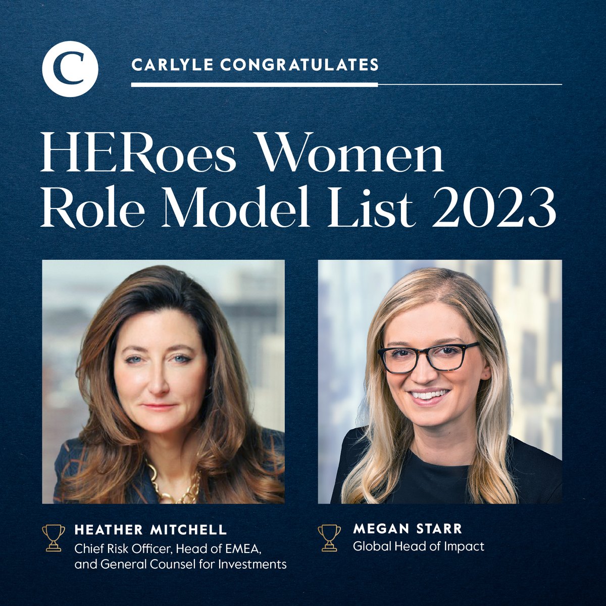 OneCarlyle's tweet photo. Congratulations to $CG's Heather Mitchell and Meg Starr who were named to @HERoesinB Top 100 Women Executives list for 2023, which showcases executives who are championing women in business. 

See the list here: https://t.co/lEJh3RQV2I #HERRoleModels23 https://t.co/EZkuCZpewo
