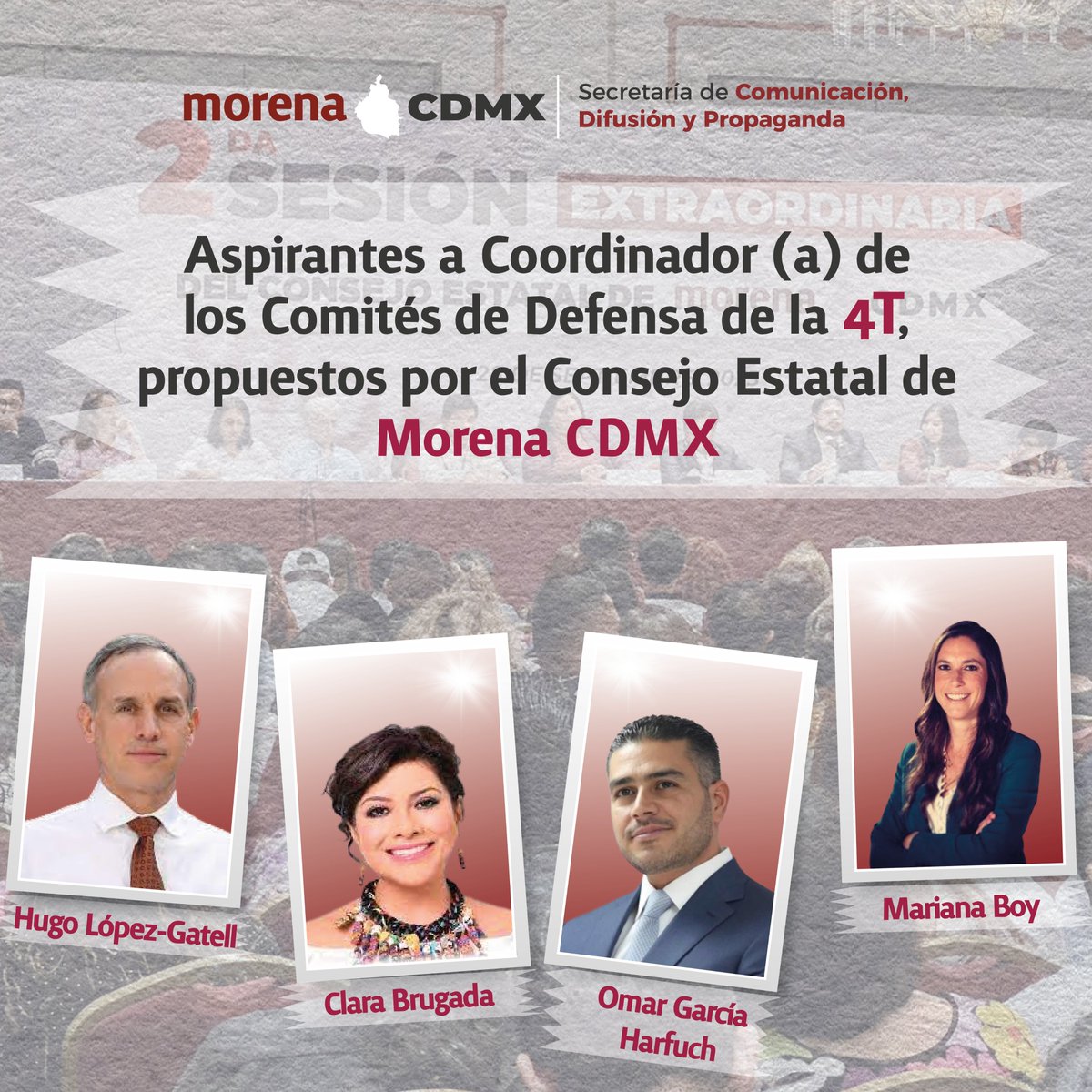 SRIACOMUMORENA's tweet photo. Aspirantes a Coordinador (a) de los Comités de Defensa de la #4T, propuestos por el Consejo Estatal de @MorenaCiudadMex https://t.co/88AzeGn3qA