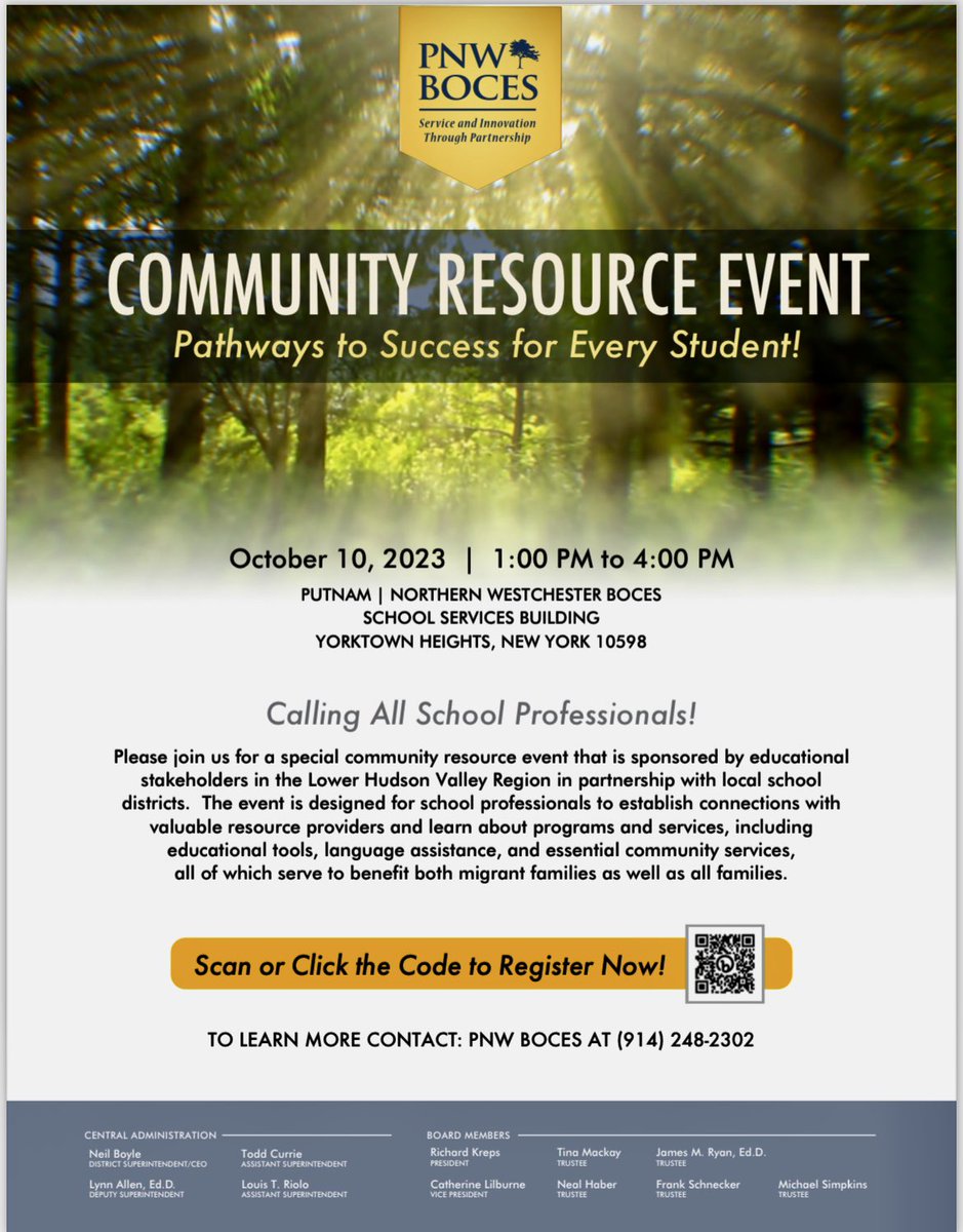 📣Come out to @pnwboces on 10/10 for our Community Resource Event. We’ll have lots of partners present so you can learn about #educationaltools, #languageassistance & essential #communitybased supports. Bring a friend! @HVRBERN @NeighborsLink @WestchesterDCMH