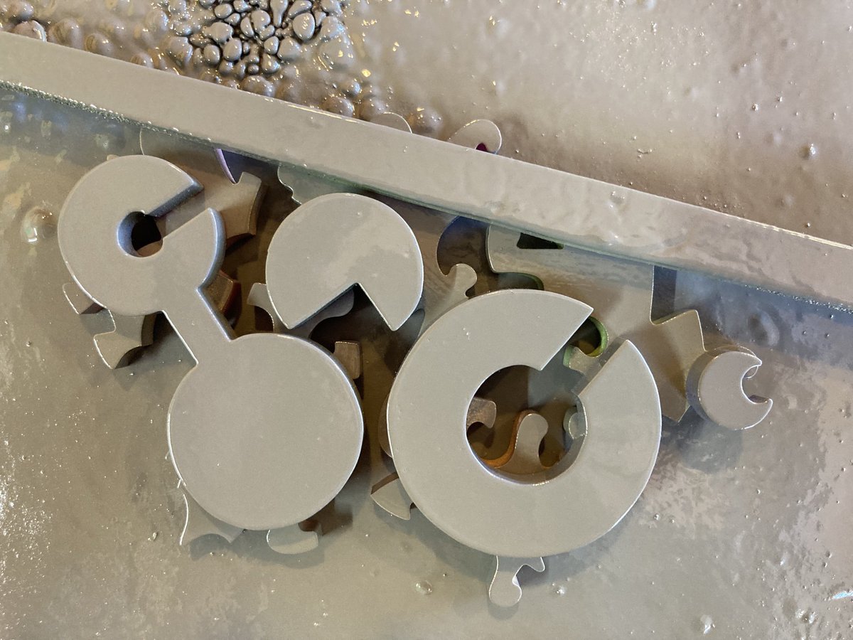 Stencil painting puzzle pieces takes a lot more time than my usual spatter n’ mottle technique, but I do enjoy the random process and how the results are often more interesting than something meticulously planned. Here’s a few WIP pics of the latest nonsense