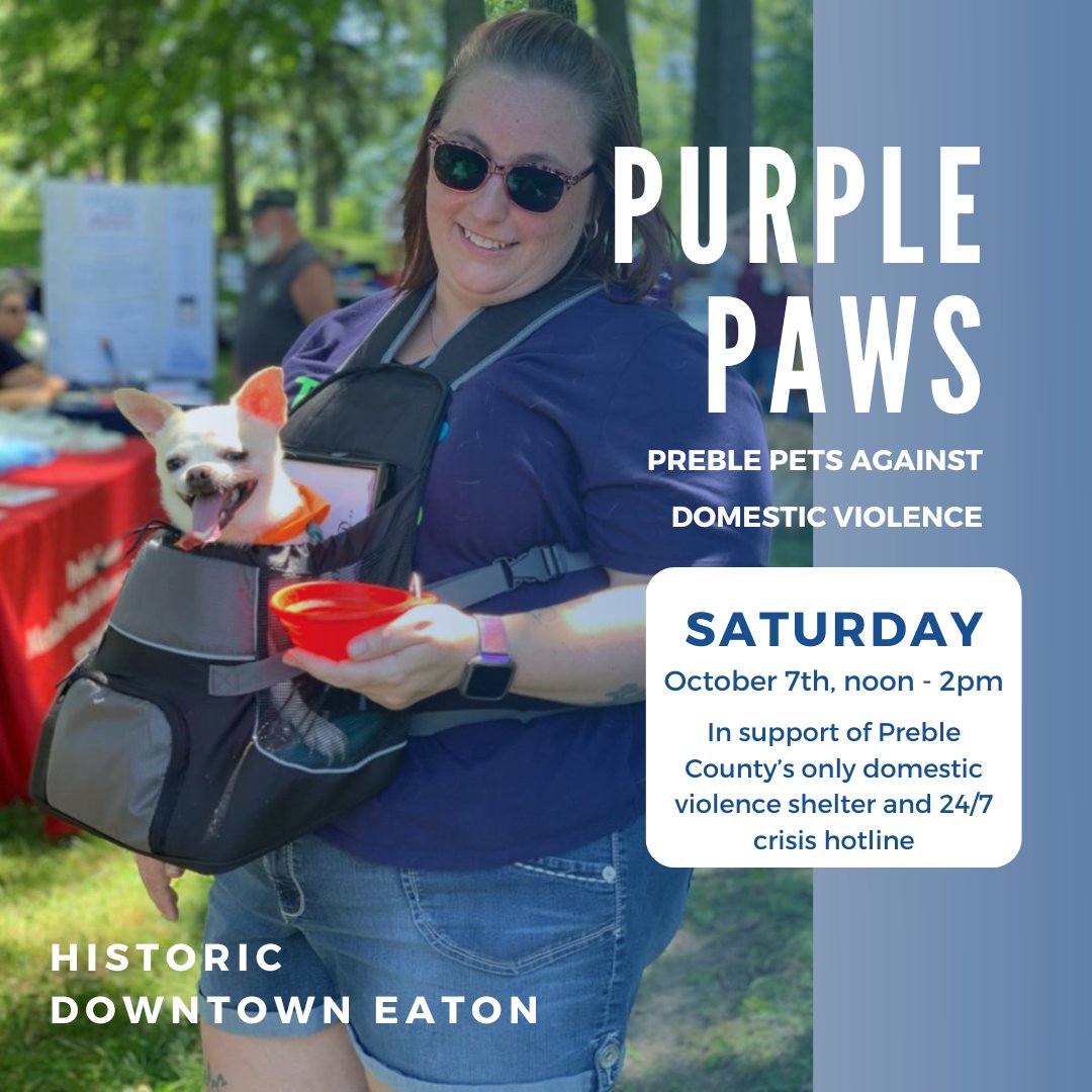 OHVoice4Animals's tweet photo. Mark your calendars! Show your support October 7th in historic downtown Eaton for the 8th annual Purple Paws: Preble Pets Against Domestic Violence. 🐾 https://t.co/2BbJlyfG0k