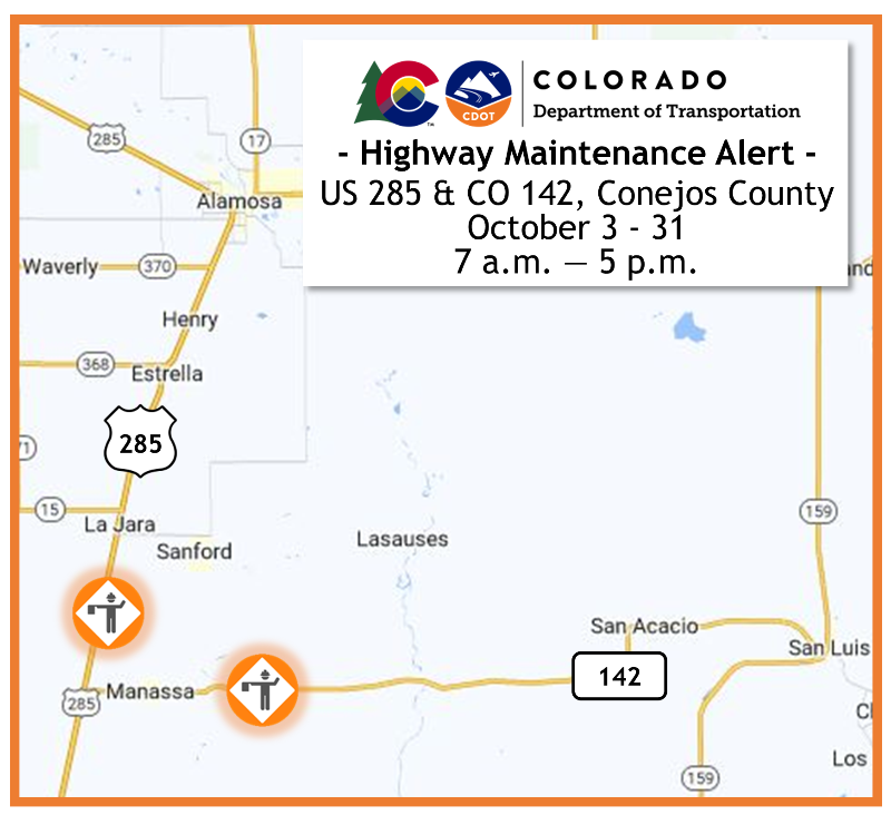 ColoradoDOT's tweet photo. #CDOT #News: CDOT to perform surface treatment operations on #US285 and #CO142. Motorists should plan for brief delays near Manassa and La Jara throughout October. 

📰 https://t.co/DtEUx3X5X1

#KnowBeforeYouGo #SlowfortheConeZone https://t.co/zKfBxQaUkI