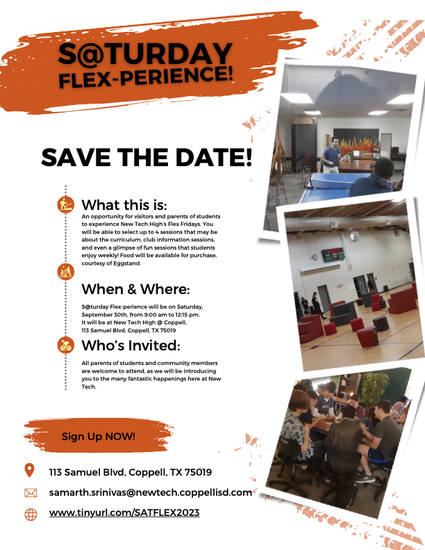 Jossmithcoach's tweet photo. Exciting news! Join us this Saturday, September 26 from 9 AM to 12:15 PM for the Fall
@NewTechCoppell
Flexperience!  Dive into sessions on business, robotics, flag football, and so much more! Plus, satisfy your taste buds with a delicious food truck on-site. #CISDMissionPossible https://t.co/nIJJdd8eh6