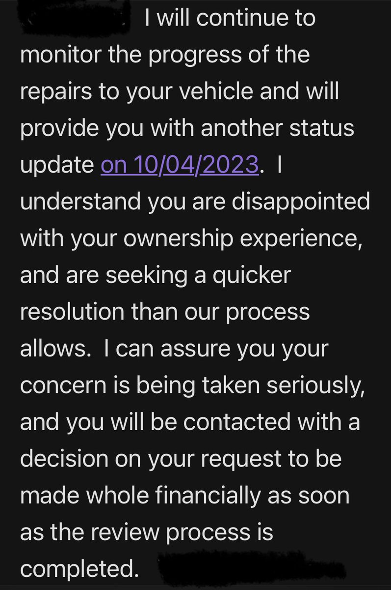 __Be_TheChange_'s tweet photo. @VW and @vwcares have been giving me these “status updates” for over a month now. Meanwhile, I’m paying for a brand new car that doesn’t work instead of getting a full refund. Not okay. https://t.co/O3LlE1dpDi