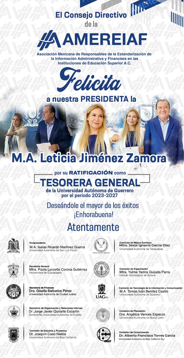 amereiaf's tweet photo. Felicitamos afectuosamente a la 𝗠𝘁𝗿𝗮. 𝗟𝗲𝘁𝗶𝗰𝗶𝗮 𝗝𝗶𝗺𝗲́𝗻𝗲𝘇 𝗭𝗮𝗺𝗼𝗿𝗮, Presidenta de la #AMEREIAF A.C., por su ratificación como Tesorera General de la @UAGro_MX. https://t.co/R9S8004znI