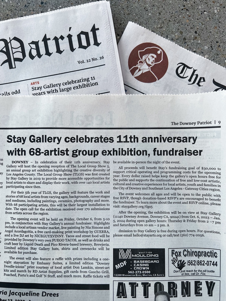 staystudio_'s tweet photo. Check out today’s paper! 👀 Thank you @DowneyPatriot for the feature on our upcoming 11th anniversary fundraiser and group exhibition “The Local Group Show 5” on Friday, October 6 from 5 – 10pm. Learn more and RSVP: https://t.co/2pKjXRxZW9 https://t.co/Wn5nwueQFa