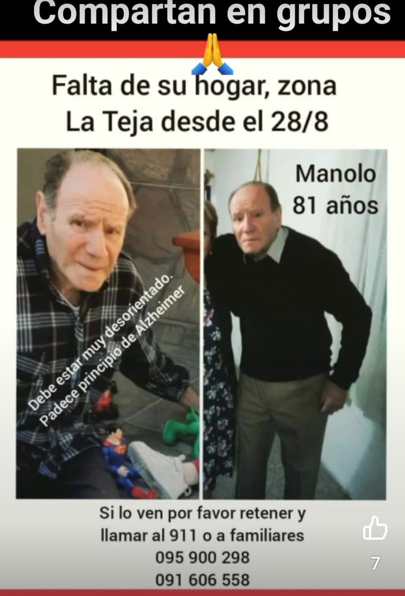 LilianD06613178's tweet photo. 🔴SEGUIMOS BUSCANDO A MANOLO🫶🇺🇾
Un mes perdido en MONTEVIDEO. 
Por favor si lo ven, RETENERLO, ENTRETENERLO, tiene principios de Alzheimer y está desorientado, https://t.co/8eAQjAxMVq