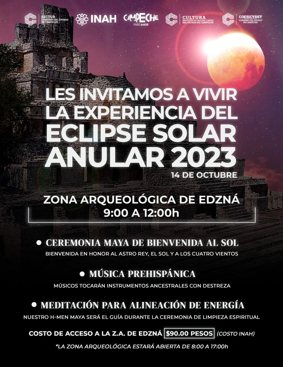 CampecheTravel's tweet photo. Te invitamos a vivir la experiencia del #EclipseSolarAnular desde la Zona Arqueológica de Edzná; te compartimos el programa: https://t.co/fOGL69ZhsQ