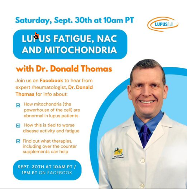 lupuscyclopedia's tweet photo. Sign up on Facebook Live @LupusLA for tomorrow's talk on Lupus Fatigue and Mitochondria. Click on this link tomorrow (SAT, SEP 30, 2023) tomorrow before 1PM EST and 10AM PST: https://t.co/pg2Hqg2XMt 
Learn about: 
🔥 #Lupus  fatigue
💊Treatments that increase energy in #SLE 
🧪Mitochondria, powerhouse of the cell, do not work normally in SLE, why?, what does this do?
⚕️#1 treatment for lupus fatigue
🛠️Fix abnormal mitochondria in lupus
💻Show up at 1PM EST or 10 AM PST at Lupus LAs Facebook page