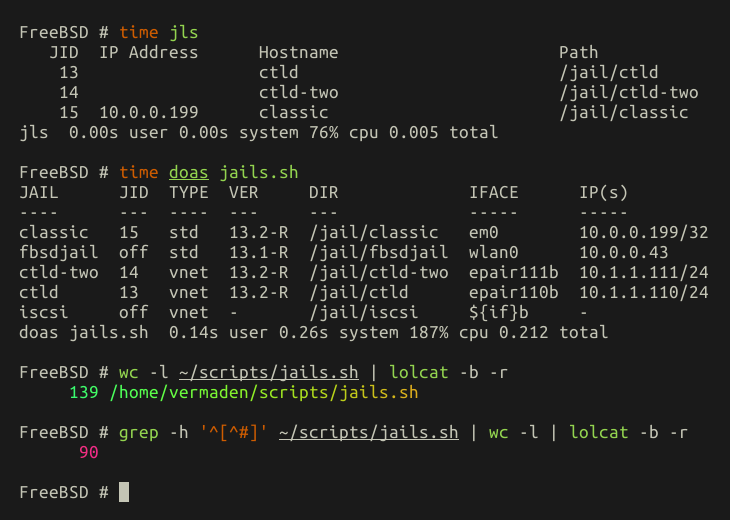 vermaden's tweet photo. The #BastilleBSD and https://t.co/wzHpWROxdY provide solid #FreeBSD Jails mgmt solution but I often find myself in a position where additional mgmt tools are not needed.

The jls(8) listing is limited so I created new listing tool in less then 90 lines.

https://t.co/RpdA1Qidcc https://t.co/Q1MPAL1eNg