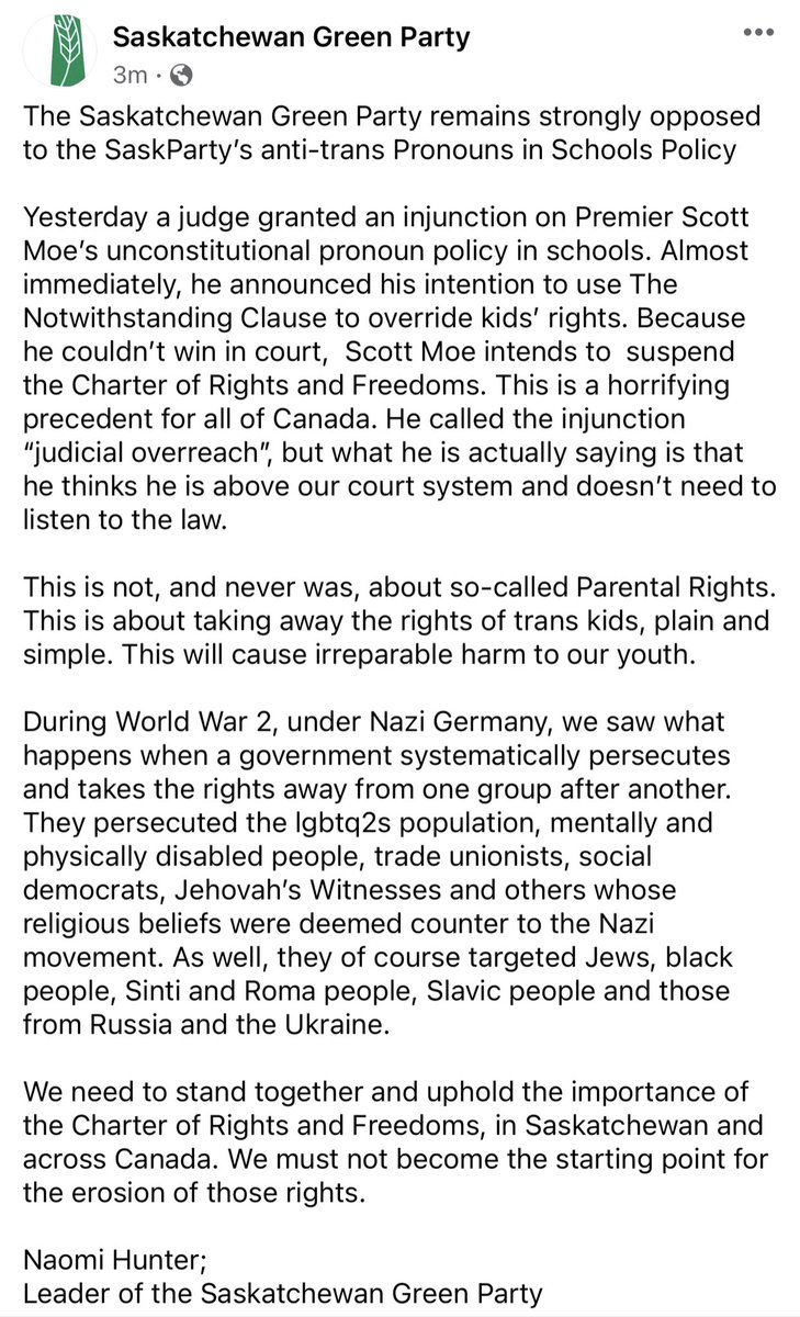 Right after a judged granted an injunction yesterday on Premier Moe’s Pronoun Policy in Schools policy, he announced his intention to use The Notwithstanding Clause to override kids’ rights. The Saskatchewan Green Party opposés this attack on the Charter of Rights &amp; Freedoms.