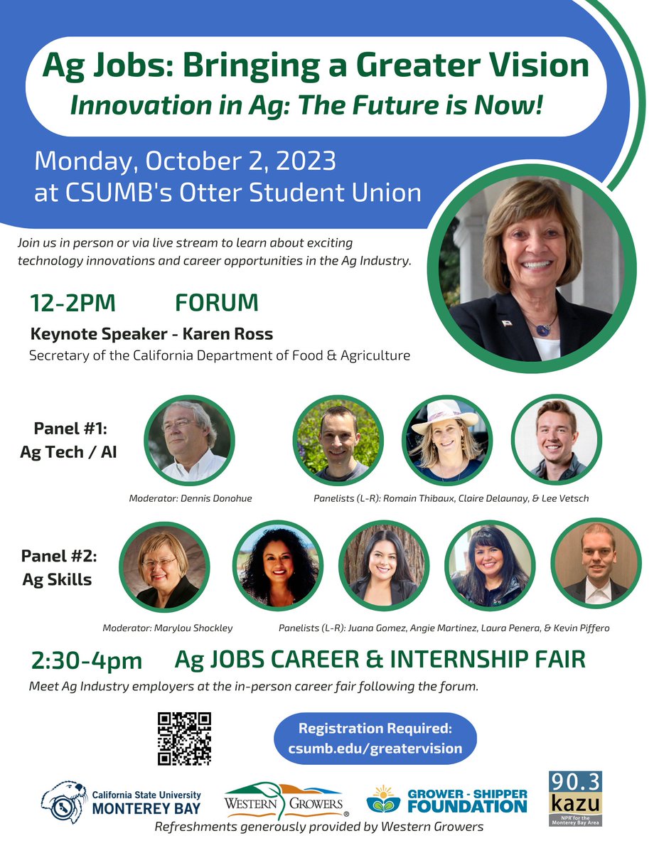 College of Business at Cal State Monterey Bay (@cob_csumb) on Twitter photo Ag Jobs: Bringing A Greater Vision is Monday, Oct 2nd! Karen Ross, Secretary of the California Department of Agriculture is our Keynote speaker following Ag experts on two discussion panels: Ag Tech & AI and Ag Skills
Register at csumb.edu/greatervision <a href="/growershipfound/">Grower-Shipper Foundation</a> <a href="/CSUMB/">Cal State Monterey Bay</a> Ag Jobs: Bringing A Greater Vision is Monday, Oct 2nd! Karen Ross, Secretary of the California Department of Agriculture is our Keynote speaker following Ag experts on two discussion panels: Ag Tech & AI and Ag Skills
Register at csumb.edu/greatervision <a href="/growershipfound/">Grower-Shipper Foundation</a> <a href="/CSUMB/">Cal State Monterey Bay</a>