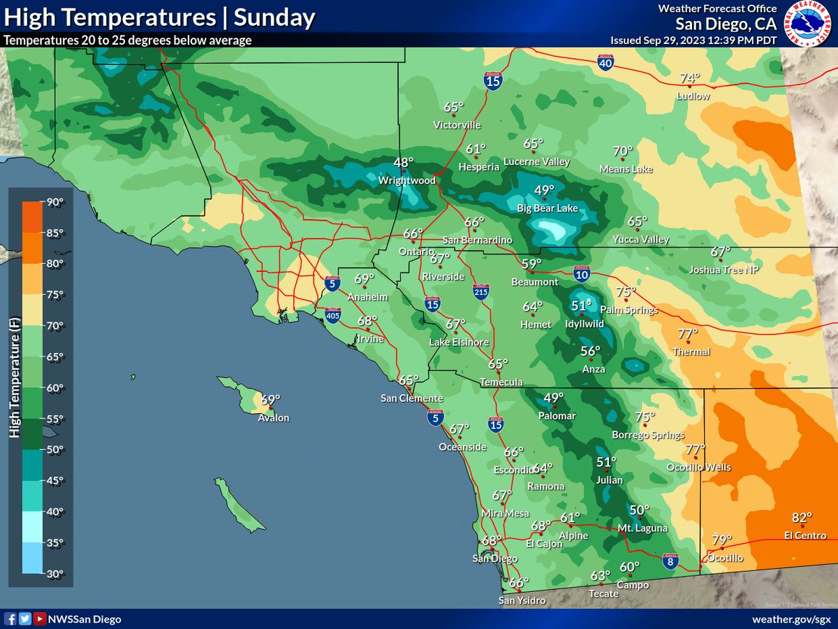 NWSSanDiego's tweet photo. Happy Friday! We're welcoming the first weekend of October with some fall weather🍃

A cooler and windier weekend is in store, with chances for precipitation. Highest rainfall totals will be on the coastal mountain slopes. #cawx https://t.co/jH0X85ylnn